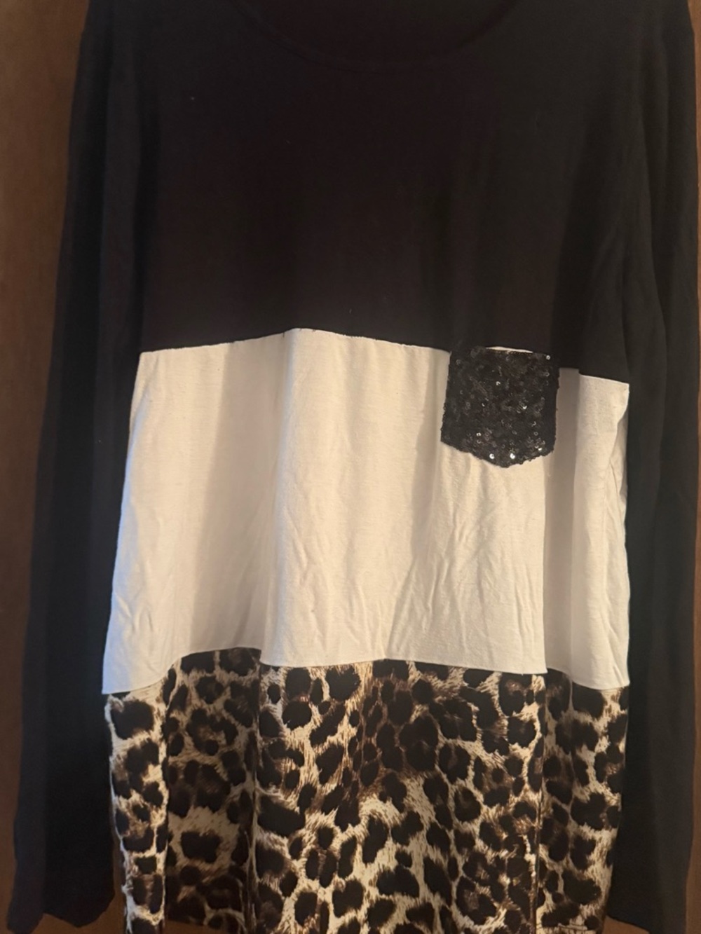 Black & White Colorblock Top with Sequin Pocket and Leopard Hem